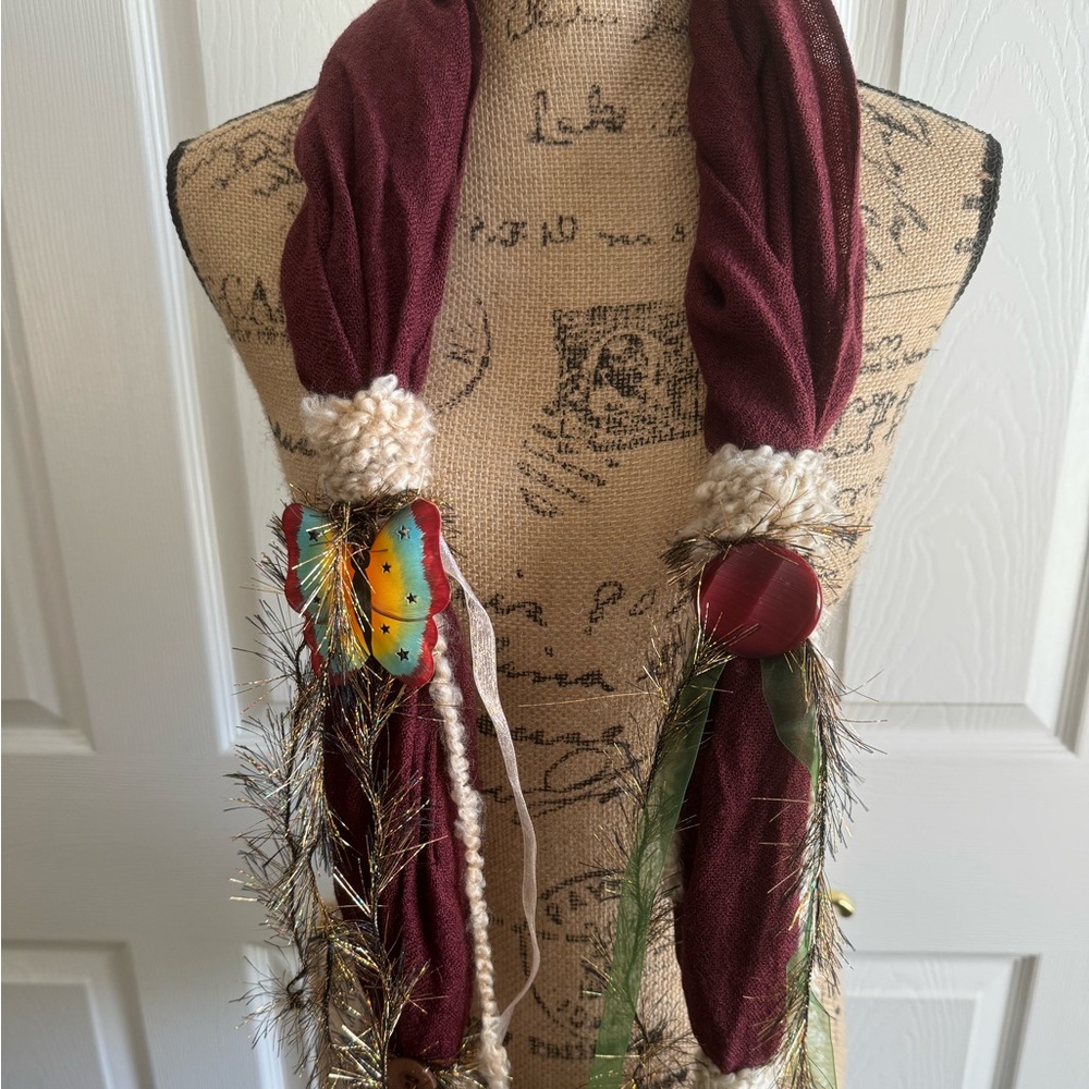 NWOT Handcrafted Scarf in Wine w/Cream, Tan, Green Ribbons & Butterfly/Buttons